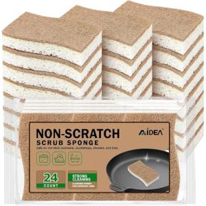 AIDEA Non Scratch Scrub Sponge, 24Count, Natural Sponges for Non Stick Cookware, Sponges Kitchen, Cellulose Sponges for Dishes, Cleaning Sponge for Kitchen, Bathroom, Household