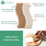 ecoTru 6 Pack Natural Kitchen Sponges, Compostable White Cellulose & Organic Coconut Scrubber Sponge for Washing Dishes, Kind Eco Friendly Non-Scratch & Biodegradable Dish Sponges