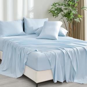 PHF 6PCS 100% Rayon Derived from Bamboo_ Sheets Set Queen Size, Cooling Sheets for Hot Sleepers, Wider Elastic Band & 16" Deep Pocket, Luxury Silky Soft Breathable Bedding Set & Pillowcase, Sky Blue