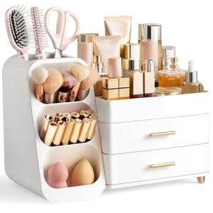 Stylish White Makeup Organizer with Brush Holder