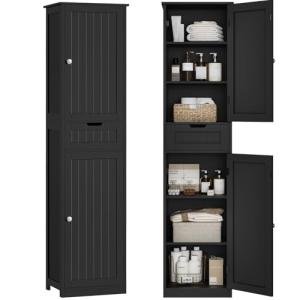 Narrow 67" Tall Black Storage Cabinet with Doors
