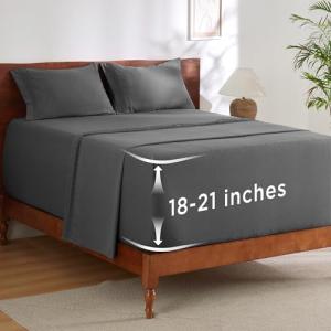 Bedsure Deep Pocket Queen Sheets Set - Fits Mattresses Up to 21 Inches Thick - 4 Piece GentleSoft Bed Sheets, Moisture Wicking, Soft & Cooling Bedsheet & Pillowcases, Easy & Secure Fit, Grey