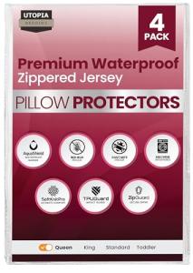 Utopia Bedding Waterproof Queen Size Pillow Protectors Zippered (4 Pack, White), Dust Mite and Bed Bug Proof Pillow case Protectors, Moisture Wicking Pillow Encasement Covers 20 x 28 Inches