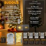 suddus 66ft 200 LED Outdoor String Lights, Warm White Christmas Fairy Light Battery Operated with Remote, Led Twinkle Lights for Bedroom, Dorm, Patio, Tapestry, Backyard, Garden, Xmas, Party, Indoor