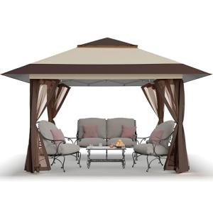 CROWN SHADES 11x11 Pop Up Gazebo, Patented One Push Outoor Canopy Tent with Wheeled STO-N-Go Cover Bag, Pop Up Canopy with Netting for Patio, Backyard (11x11, Beige & Coffee)