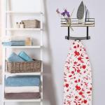 THYGIFTREE Ironing Board Hanger Wall Mount, Ironing Board Holder with Shelf, Ironing Board Wall Mount with Storage Wooden Basket & Removable Hook, for Laundry Room Living Room Bathroom,black.