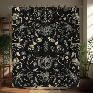 Goth Skull Halloween Shower Curtain, Black and Gold