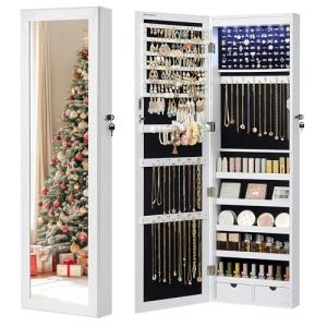 SONGMICS 6 LEDs Mirror Jewelry Cabinet, 47.2-Inch Tall Lockable Wall or Door Mounted Jewelry Armoire Organizer with Mirror, 2 Drawers, 3.9 x 14.6 x 47.2 Inches, White UJJC93W