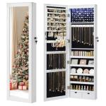 SONGMICS 6 LEDs Mirror Jewelry Cabinet, 47.2-Inch Tall Lockable Wall or Door Mounted Jewelry Armoire Organizer with Mirror, 2 Drawers, 3.9 x 14.6 x 47.2 Inches, White UJJC93W