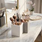 MyGift Modern Gray-Tone Concrete Desktop Pencil Holder Cup and Pen Holder, Office Stationery Organizer, Set of 3