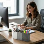 MyGift Modern Gray-Tone Concrete Desktop Pencil Holder Cup and Pen Holder, Office Stationery Organizer, Set of 3