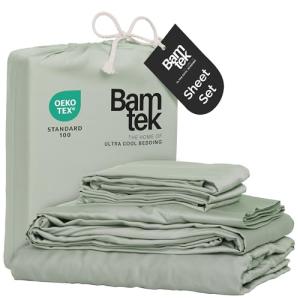 Bamtek 100% Viscose from Bamboo Sheets King Size, Super Soft Bedding Set, 4PC Cooling Sheets for Hot Sleepers, Vegan Silk Moisture Wicking, Organically Grown Bedsheet, Sage - 76" x 80"