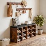 HOOBRO Shoe Storage Bench with Cushion, Entryway Bench, 39.4" Hall Tree, Coat Rack, 12 Cubbies, Holds up to 330 lb, Shoe Rack, Storage Cabinet for Bedroom, Hallway, Rustic Brown BF112HX01G1