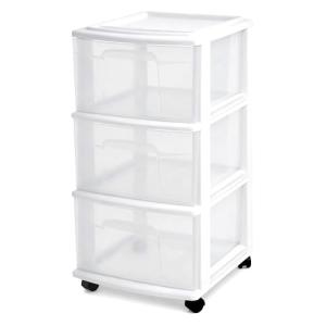 HOMZ Drawer Tower, 3-Tier Clear Plastic Storage Organizer Cart, White Frame
