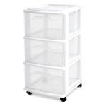 HOMZ Drawer Tower, 3-Tier Clear Plastic Storage Organizer Cart, White Frame