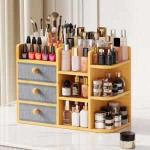 Elegant Bamboo Makeup Organizer with Drawers & Shelves
