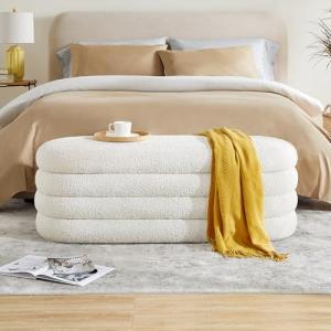 Ivory Upholstered Storage Ottoman Bench for Home