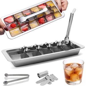 GHAHILI Stainless Steel Ice Cube Trays, Metal Ice Cube Trays for Freezer Vintage Inspired Design with Release Lever Remove Handle for Making Large Cubes Kitchen & Bar (Silver+Tweezers & Finger Gloves)