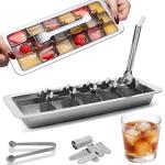GHAHILI Stainless Steel Ice Cube Trays, Metal Ice Cube Trays for Freezer Vintage Inspired Design with Release Lever Remove Handle for Making Large Cubes Kitchen & Bar (Silver+Tweezers & Finger Gloves)