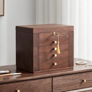 Elegant Black Walnut Jewelry Box with Mirror & Storage