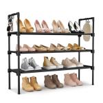 LANTEFUL 3 Tier Shoe Rack for Closet, Shoe Organizer with 5 Hooks, Long Shoe Shelf Storage for Shoe and Boot Stackable Free Standing Shoe Rack for Entryway, Garage, Small Spaces, Dorm, Black