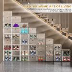 Thicken & Sturdy Clear Shoe Storage Organizer with Magnetic Door, Stackable Boxes for Closet, Foldable Space-Saving Shoe Rack for Sneaker Boot Container, Plastic Shoe Cabinet Shoe Box 6 Pack, White