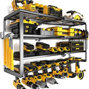 YYR 4 Layer Power Tool Organizer Wall Mount, Cordless Drill Hanger Storage Rack, Battery Tools Holder with Charging Station Shelf for Garage Organization, Workshop, Pegboard, Shed - 32 Inch 8 Slots