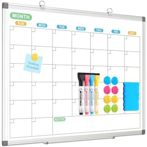 WALGLASS Dry Erase Calendar Whiteboard for Wall, 24" x 18" Double-Sided Monthly Calendar White Board with Silver Aluminum Frame, Hanging or Wall Mount Whiteboard for Home, Office, School