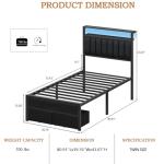 Furnulem Twin Bed Frames with Charging Station and LED Lights, Grey Upholstered Headboard with Shelves, Metal Platform Bed with 2 Under-Bed Storage (Fabric Drawer on Wheels), No Box Spring Needed