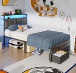 Furnulem Twin Bed Frames with Charging Station and LED Lights, Grey Upholstered Headboard with Shelves, Metal Platform Bed with 2 Under-Bed Storage (Fabric Drawer on Wheels), No Box Spring Needed