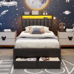 Furnulem Twin Bed Frames with Charging Station and LED Lights, Grey Upholstered Headboard with Shelves, Metal Platform Bed with 2 Under-Bed Storage (Fabric Drawer on Wheels), No Box Spring Needed