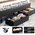 Furnulem Twin Bed Frames with Charging Station and LED Lights, Grey Upholstered Headboard with Shelves, Metal Platform Bed with 2 Under-Bed Storage (Fabric Drawer on Wheels), No Box Spring Needed