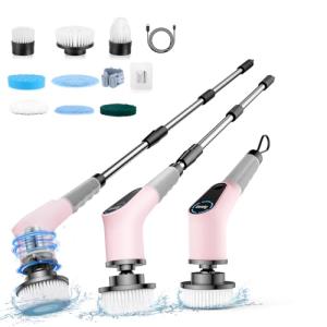 Dovety Electric Spin Scrubber, Cordless Cleaning Brush, Shower Scrubber with 8 Replaceable Brush Head, Power Cleaning Brush with Extension Handle, 2 Adjustable Speed, for Bathtub Tile Floor (Pink)