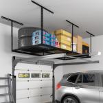 FLEXIMOUNTS 4x8 Overhead Garage Storage Rack, Adjustable Garage Storage Organization Systerm, Heavy Duty Metal Garage Ceiling Storage Racks, 600lbs Weight Capacity, Black