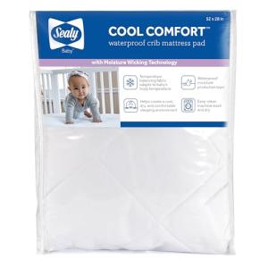 Sealy Baby Cool Comfort Cooling Crib Mattress Protector Pad and Toddler Bed Cover, Infant and Newborn Waterproof Durable Comfortable Topper, Machine Washable and Dryer Friendly, 52x28”- White