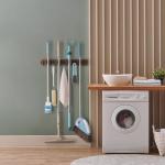 OUTNILI Mop and Broom Holder Wall Mount - Rustic Wood Broom Mop Hanger - Wall Mounted Garden Tool Rack Organizer for Closet Garage Laundry Room Kitchen Decor With 4 Slots & 4 Hooks