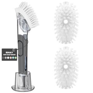Soap Dispensing Replacement Dish Brush Storage Set with 2 PCS Brush Refills & Holder - RIMAY Dispenser Scrub Cleaning Scrubber Kitchen Dishwashing Dish Wand Handle for Dishes/Pans/Pots/Sink(Black)