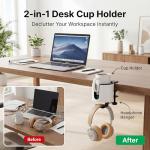 GUNKING Luxury 2-in-1 Anti-Spill Cup Holder with Under Desk Headphone Hanger (White)