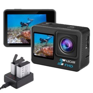 Xilecam Dual Screen Action Camera 1080P WiFi Waterproof Camera 4*Zoom 131FT(40m) Waterproof Underwater Camera with 2X 1050mAh Batteries and Multifunctional Accessories Sports Camera