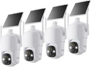 Dzees Solar Security Cameras Wireless Outdoor, 2K Battery Powered Security Camera, 360° PTZ Camera with Spotlight, Siren, Color Night Vision, AI Dectection, IP66 for Home Security, 2.4GHz 4-Pack