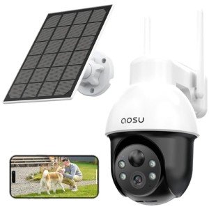 AOSU Solar Security Camera Wireless Outdoor System, 3K/5MP Battery Powered WiFi Camera for Home Security, Panoramic PTZ, Auto Tracking, Human/Vehicle Detection, Night Vision, Spotlights, 2-Way Talk