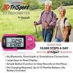 Realalt 3DTriSport Walking 3D Pedometer with Clip and Strap, Free eBook | 30 Days Memory, Accurate Step Counter, Walking Distance Miles/Km, Calorie Counter, Daily Target Monitor, Exercise Time