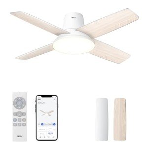 Dreo Ceiling Fans with Lights, 12 Speeds & 3 Fan Modes, Quiet DC Motor, Low Profile Easy to Install, Flush Mount Smart Ceiling Fan with Dimmable LED, 12H Timer for Bedroom, Remote, White, 44''