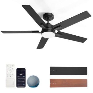 Geinself 52 Inch Ceiling Fan with Light, Black Smart Ceiling Fan with 5 Two-Sided Blades, LED Fan with Remote & Alexa, High CFM Ultra Quiet Large Fan for Bedroom, Living Room
