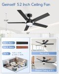Geinself 52 Inch Ceiling Fan with Light, Black Smart Ceiling Fan with 5 Two-Sided Blades, LED Fan with Remote & Alexa, High CFM Ultra Quiet Large Fan for Bedroom, Living Room