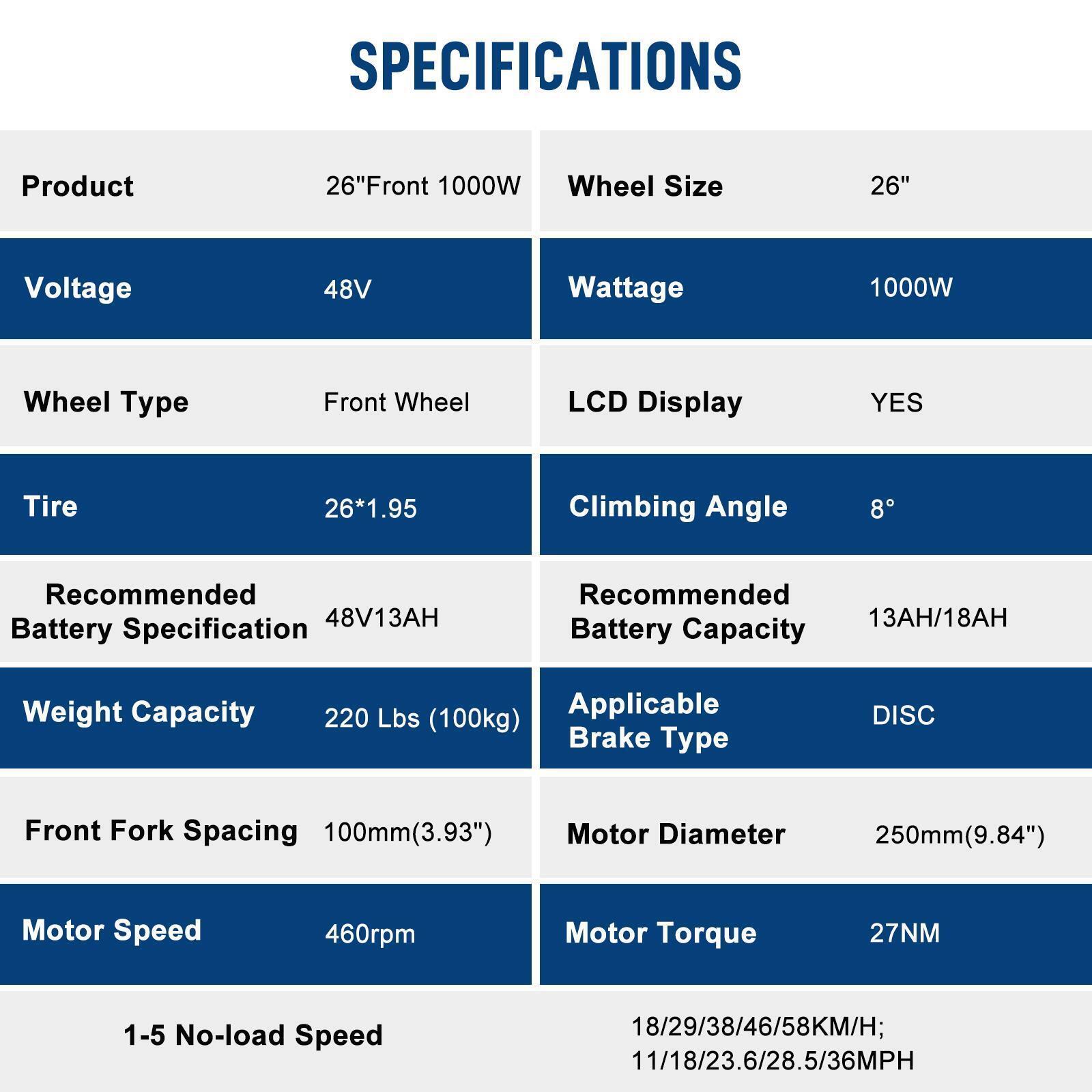 26" 1000W Electric Bike Front Wheel Motor Kit