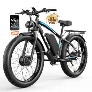 5000W Peak Dual Motors Electric Bike for Adults, 52V 32Ah Battery, 40-45MPH Fast Ebike, 24"*4.0 Fat Tire Hydraulic Disc Brake E-Bicycle, Beach Off-Road Front Suspension Mountain E-Bike for Men(Blue)