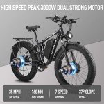 LPQVIATAS Peak 3000W Fat Tire Dual Motor Ebike 52V 23Ah Battery,26" x 4" Electric Mountain Bicycle for Adults Men 38MPH Full Lockbale Suspension Ebike 90 Mile Range Hydraulic Disc Brake（US Warehouse