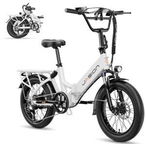 Jasion EB7 ST Electric Bike for Adults with 1200W Motor Peak, 480Wh Removable Battery 28MPH Max Speed & 55 Miles Range (PAS) [20" Fat Tire All-Terrain] Folding Step-Thru Ebike with Front Suspension
