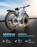 AMYET EB26 Electric Bike for Adults Peak 1800W Electric Bicycle 48V 15AH (720WH) Battery Electric Bike 26" Fat Tire Mountain 32mph 7 Speed Gears Shock Absorber Ebike (Blue)